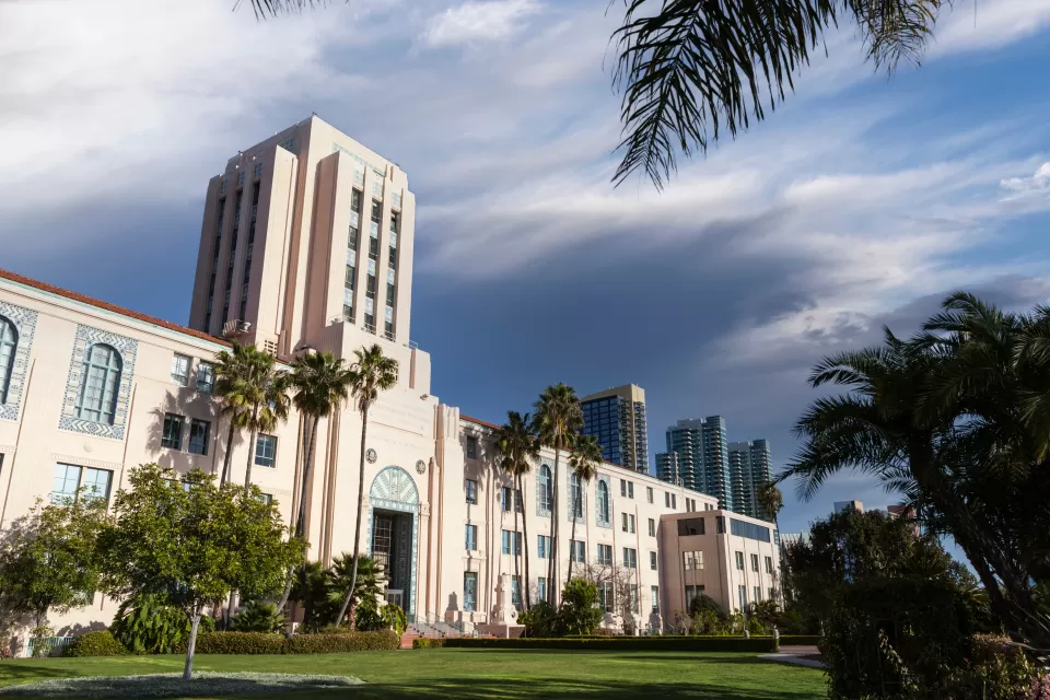 The historic San Diego City and County Administration Building in Southern California.